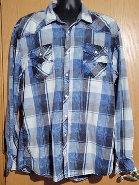 BKE Vintage Men's Blue and White Plaid Snap-Front Button-Down Shirt